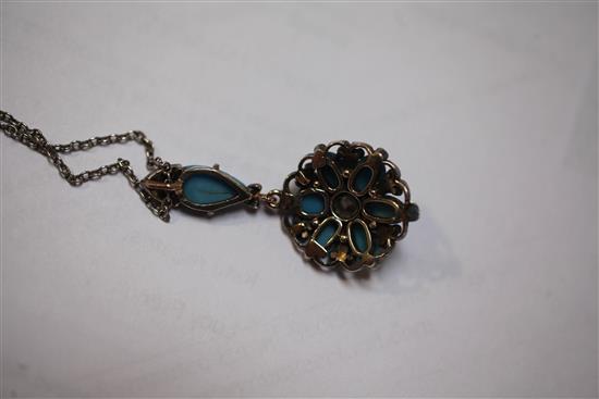 A late Victorian gold, silver, turquoise and diamond drop pendant, pendant overall 1.5in.